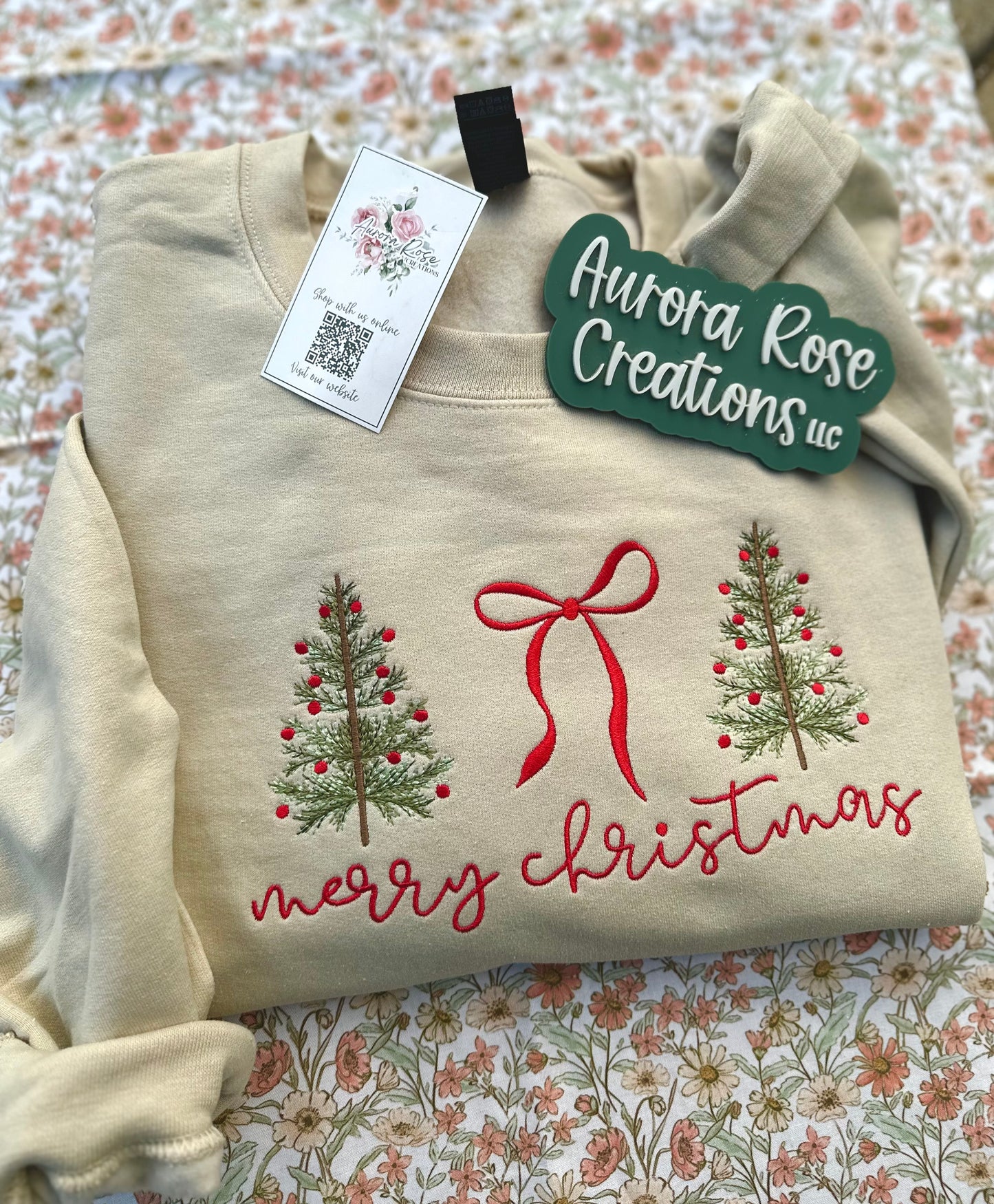 Merry Christmas Trees & Bows Embroidered Sweatshirt