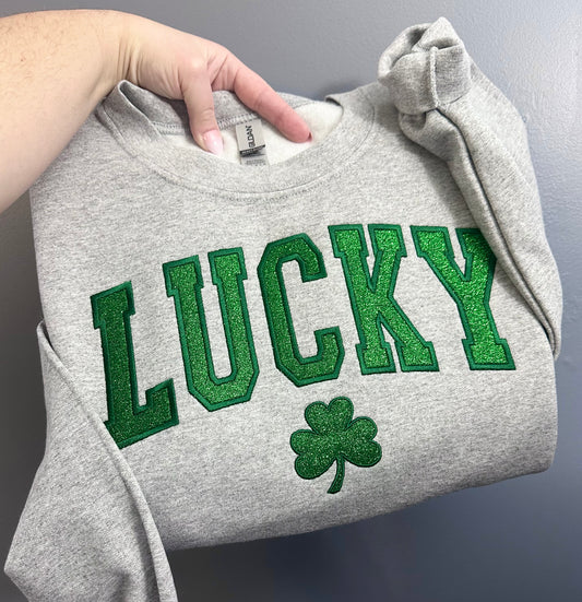 LUCKY Glitter Shamrock Embroidered Sweatshirt