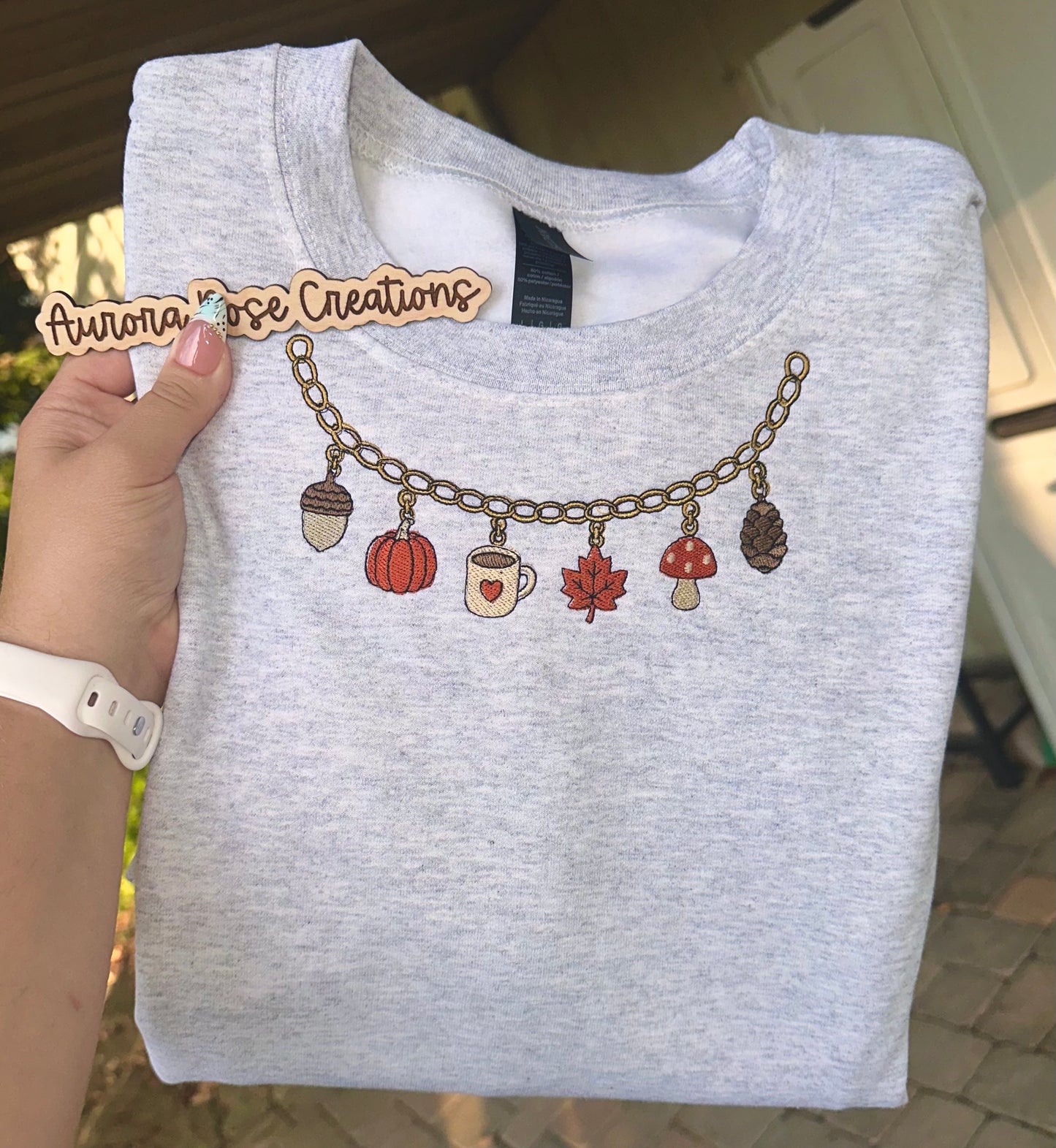 Fall Charm Necklace Embroidered Sweatshirt