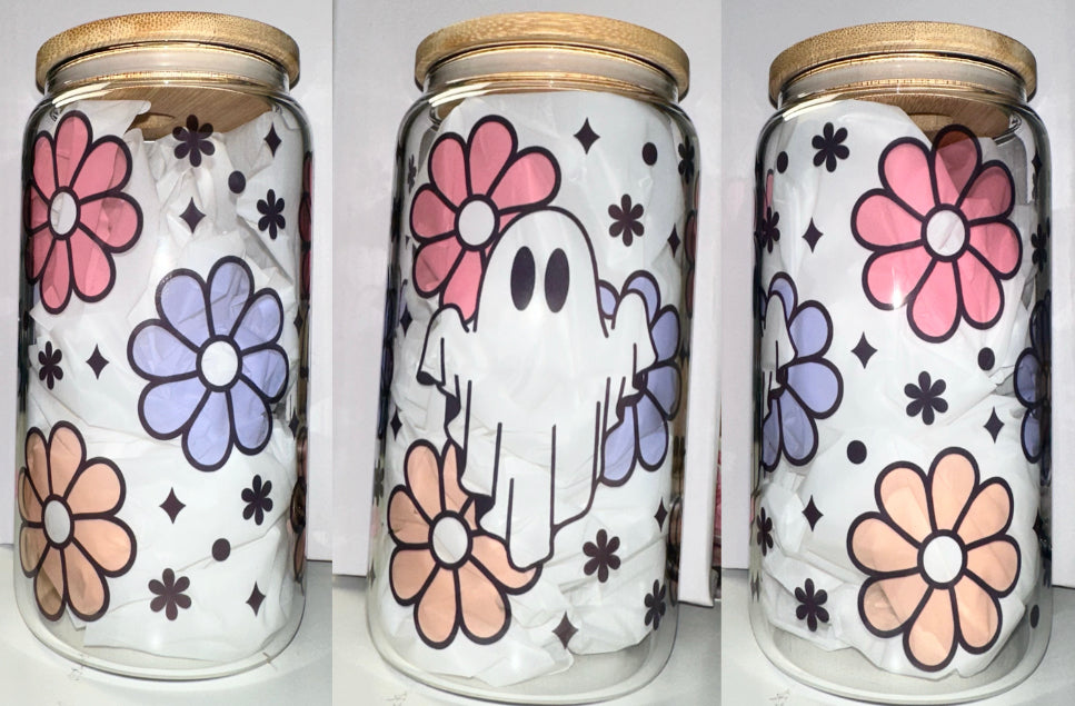 Floral Ghost Glass Cup w/ Bamboo Lid