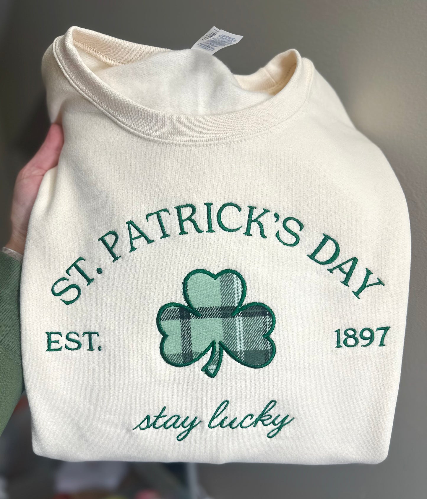 Stay Lucky Plaid Shamrock Embroidered Sweatshirt