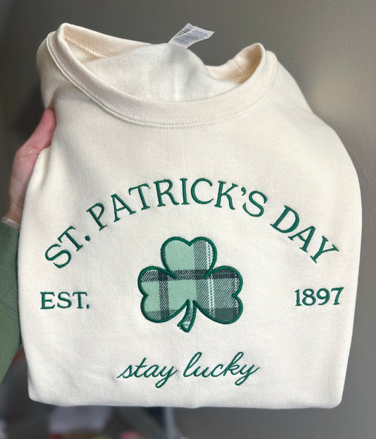 Stay Lucky Plaid Shamrock Embroidered Sweatshirt